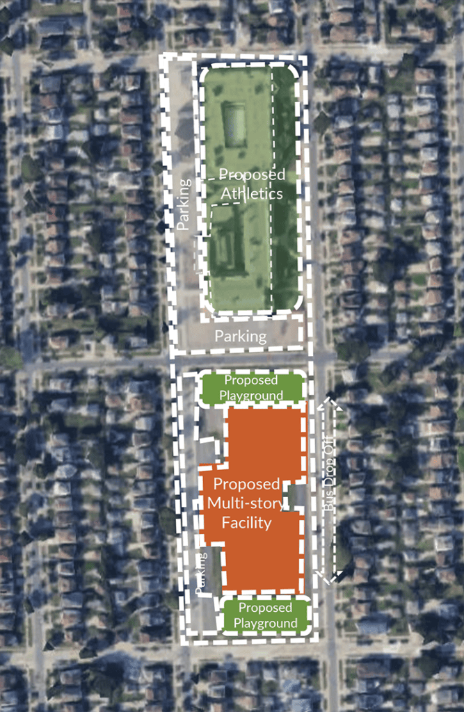An illustration showing the location of the current Lowrey School and the proposed construction of a new multi-story school on what is currently the athletics field.